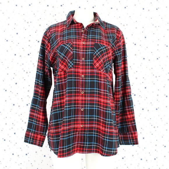 Boyfriend Plaid Shirt Button Black Red - Picture 3 of 6